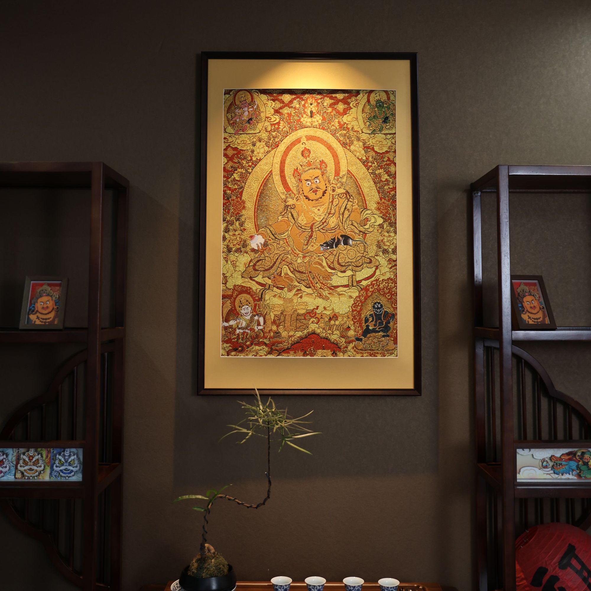 刺绣【五路财神】挂画实木装裱办公室玄关茶室客厅背景墙装饰画