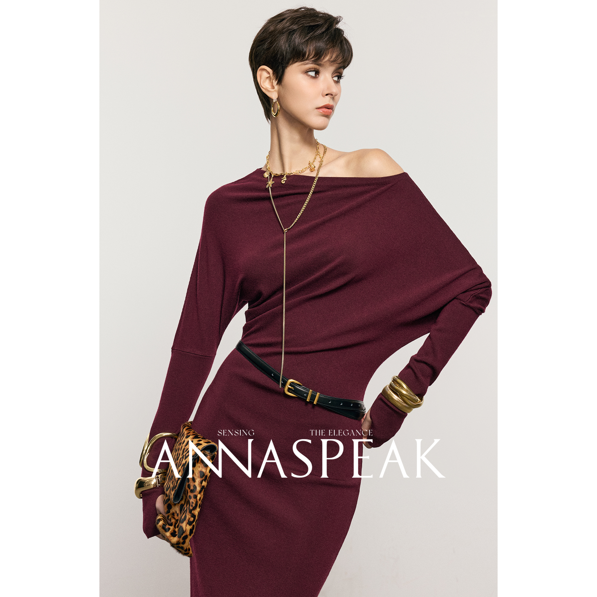 ANNASPEAK维纳斯雕塑感美学 可机洗绵羊毛一字领多穿式针织连衣裙