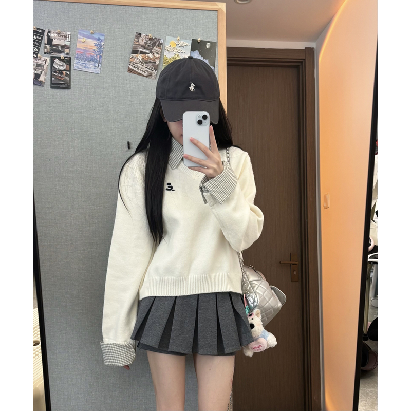 宽松针织长袖格纹学院风刺绣毛针织衫秋冬韩版设计感百搭X9000