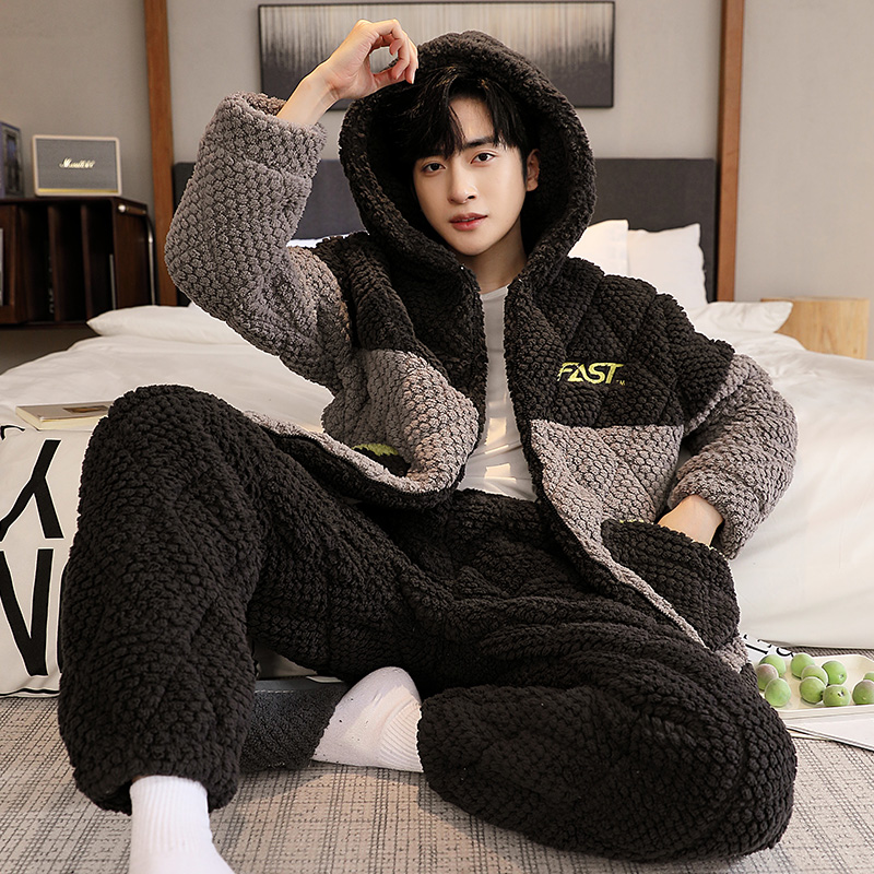 玫瑰绒睡衣男士冬季三层夹棉加厚加绒连帽拉链保暖棉袄家居服套装