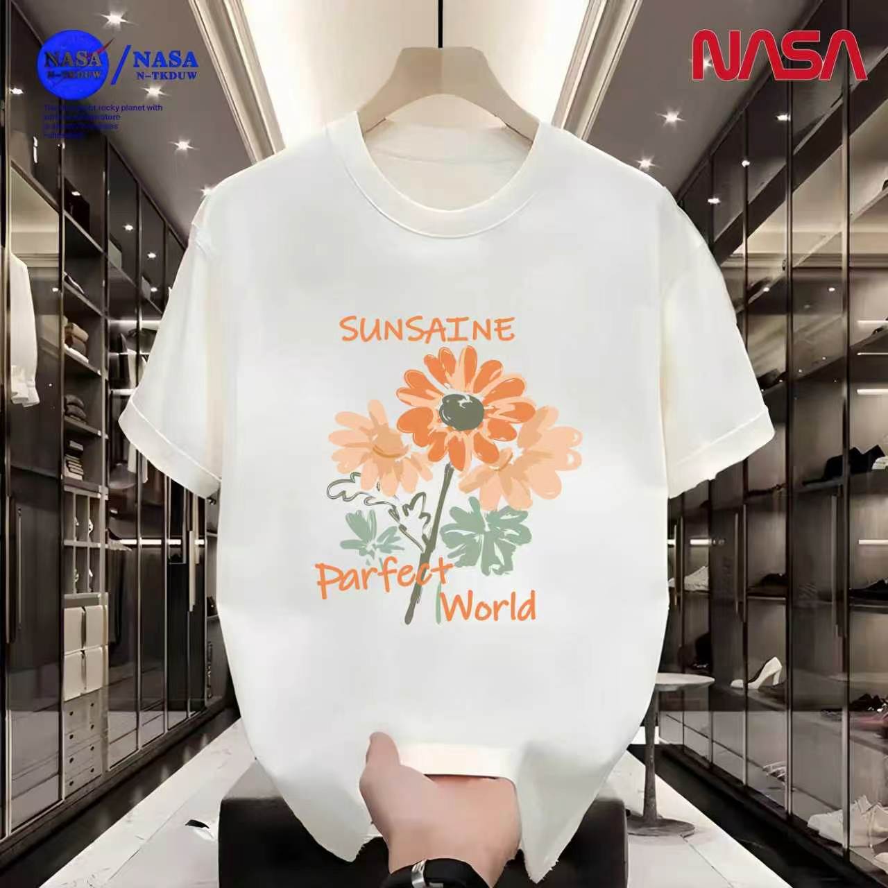 D16NASA联名重磅T恤男女同款时尚百搭圆领短袖【三朵花】A-081