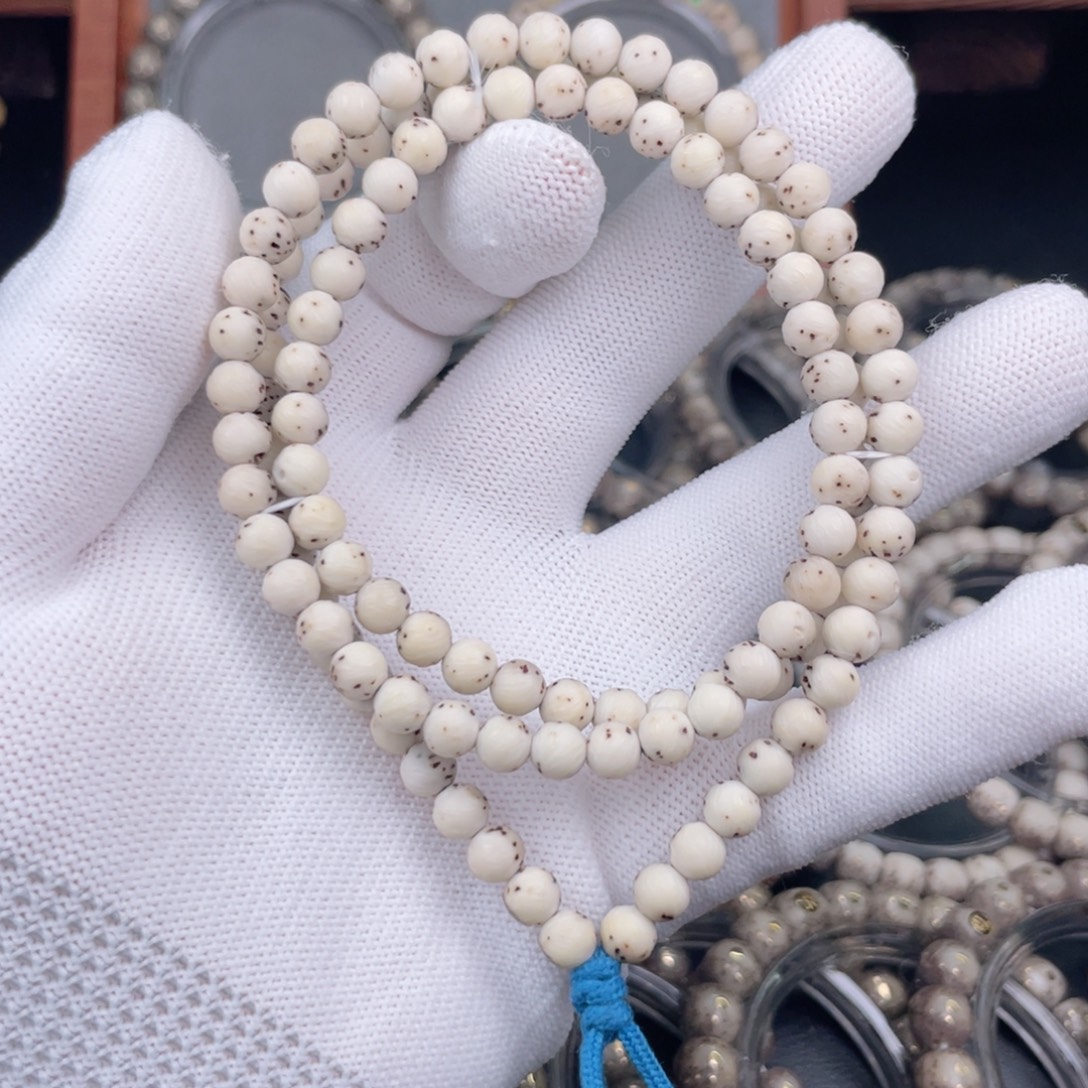 星月菩提手串石玉料骨瓷白半壁留白圆珠拉丝108