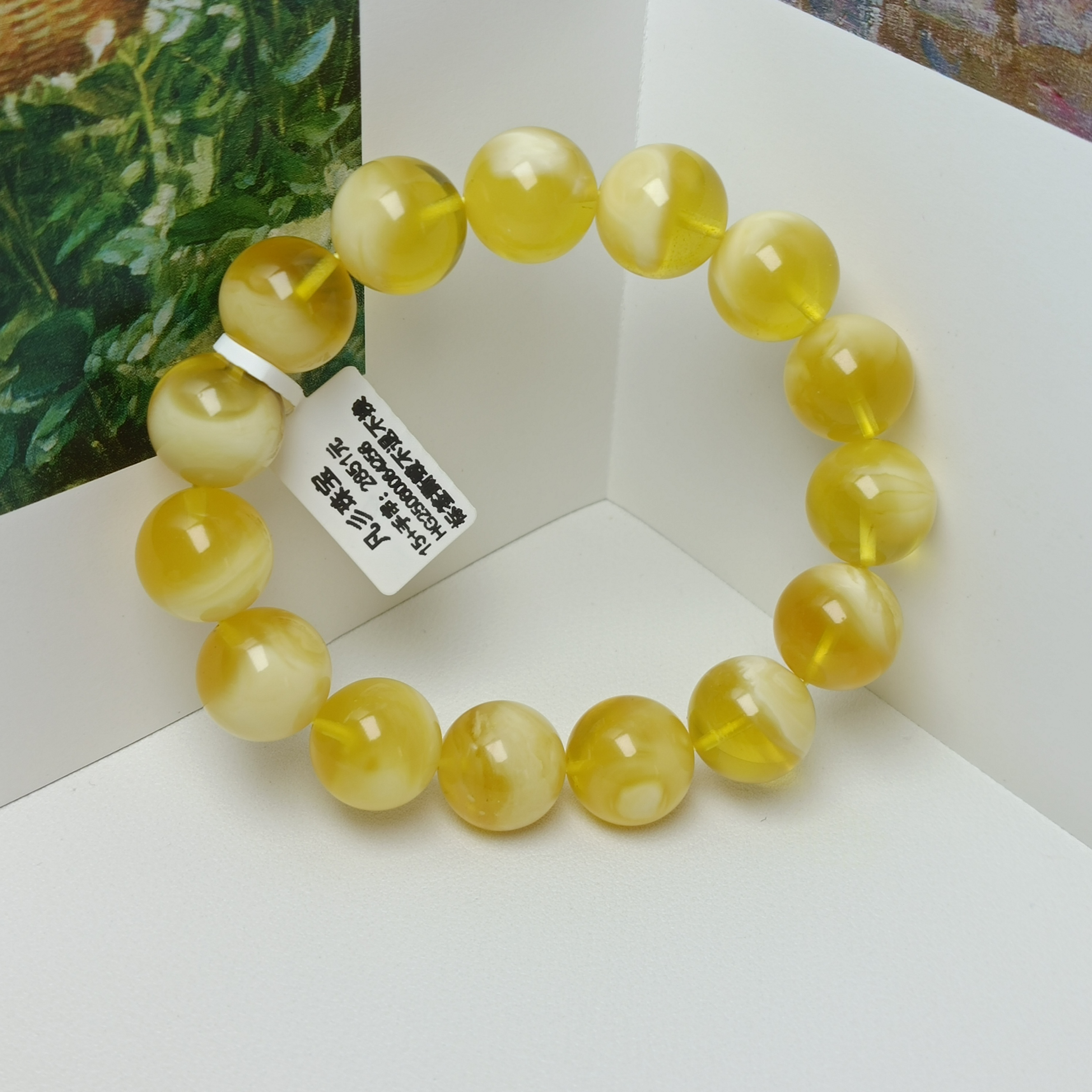 15珠径俄料蜜蜡金白溶洞聚宝盆纹理蜜蜡圆珠手串~半山半水~5096