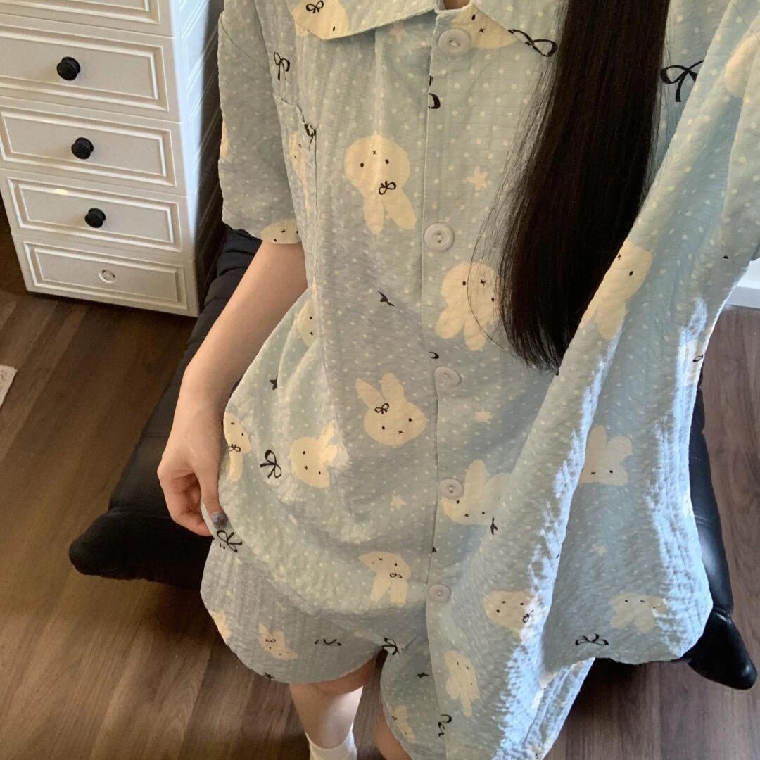 可爱蓝白米菲兔睡衣女夏季2026新款甜美卡通短袖短裤家居服两件套