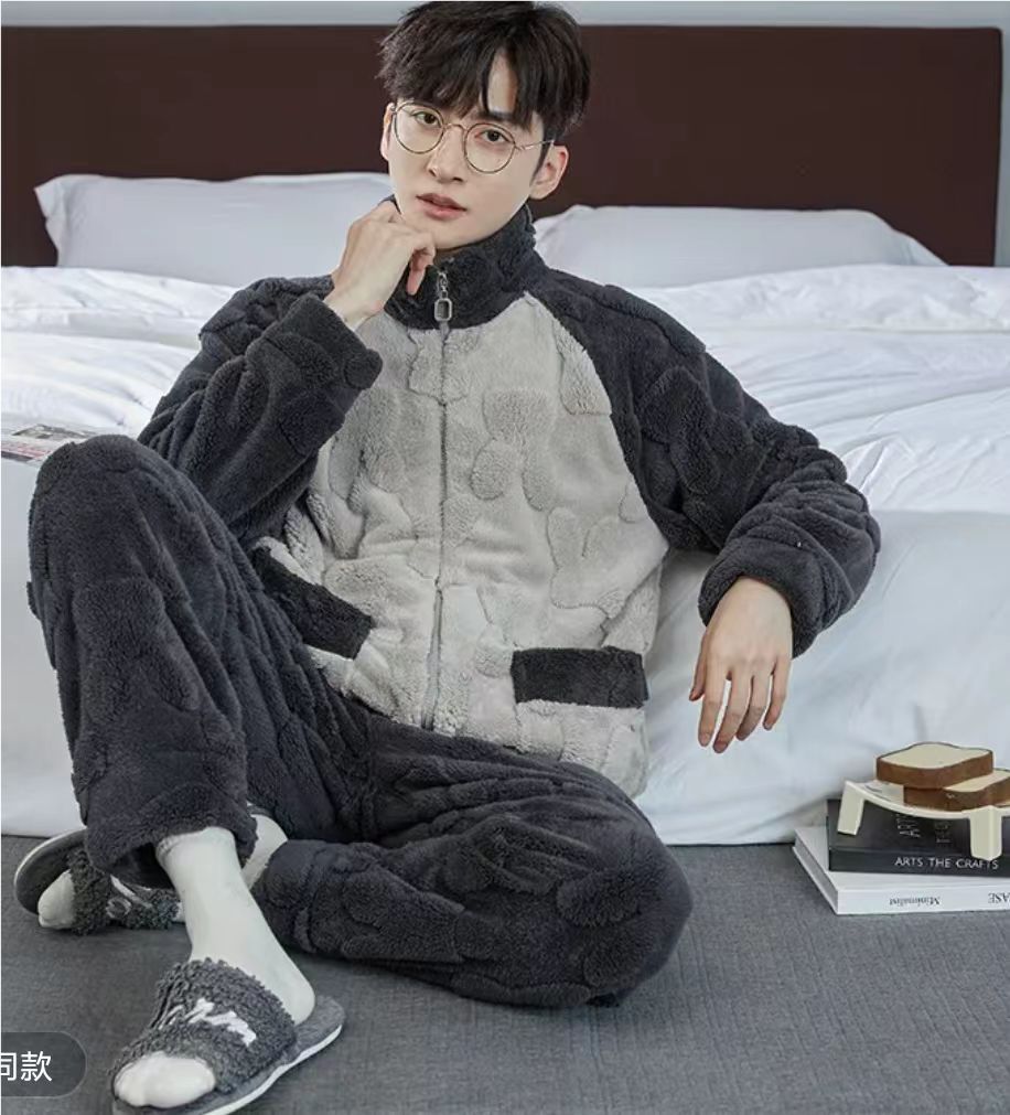 专柜男士加厚冬季长袖大码宽松法兰绒家居服套装加绒保暖啊A106