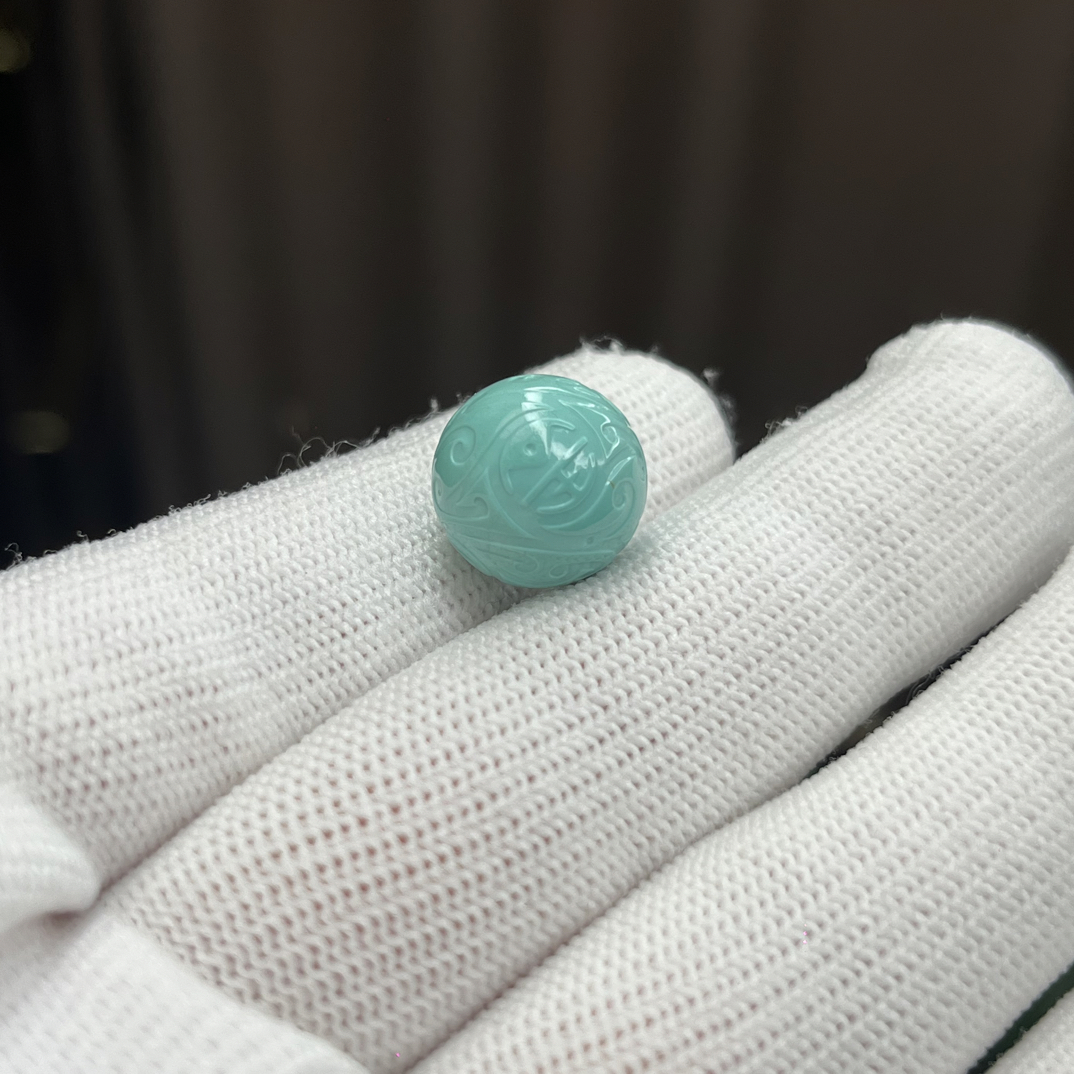 原矿绿松石博古纹圆珠13.5mm瓷釉级精工圆珠散珠手串顶珠配饰