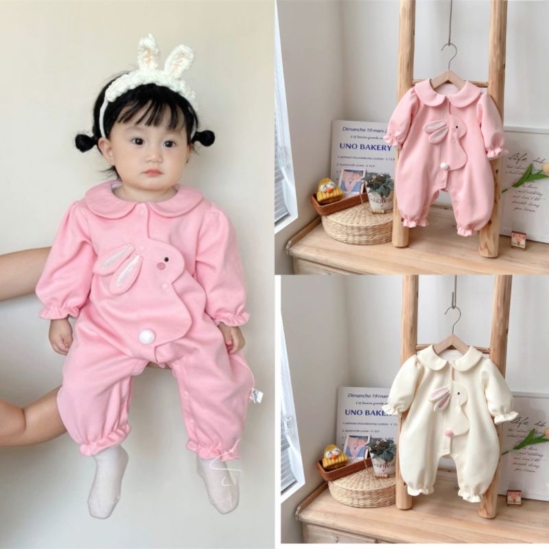 新生婴儿长袖双层连体衣超萌女宝宝春秋季小兔外出服周岁哈衣