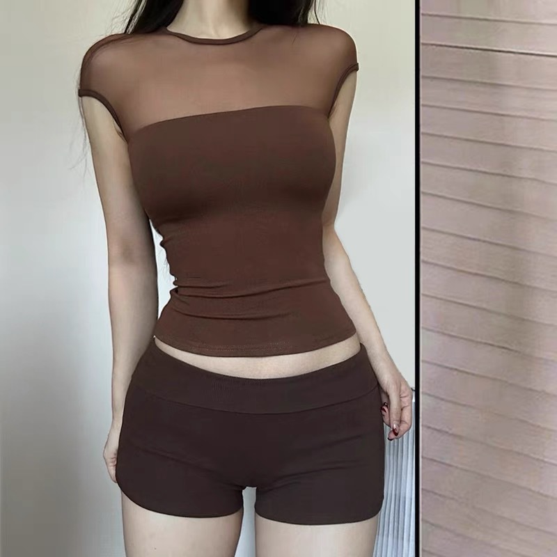 辣妹纯欲美式复古拼接网纱圆领短袖T恤女显瘦百搭性感打底美背