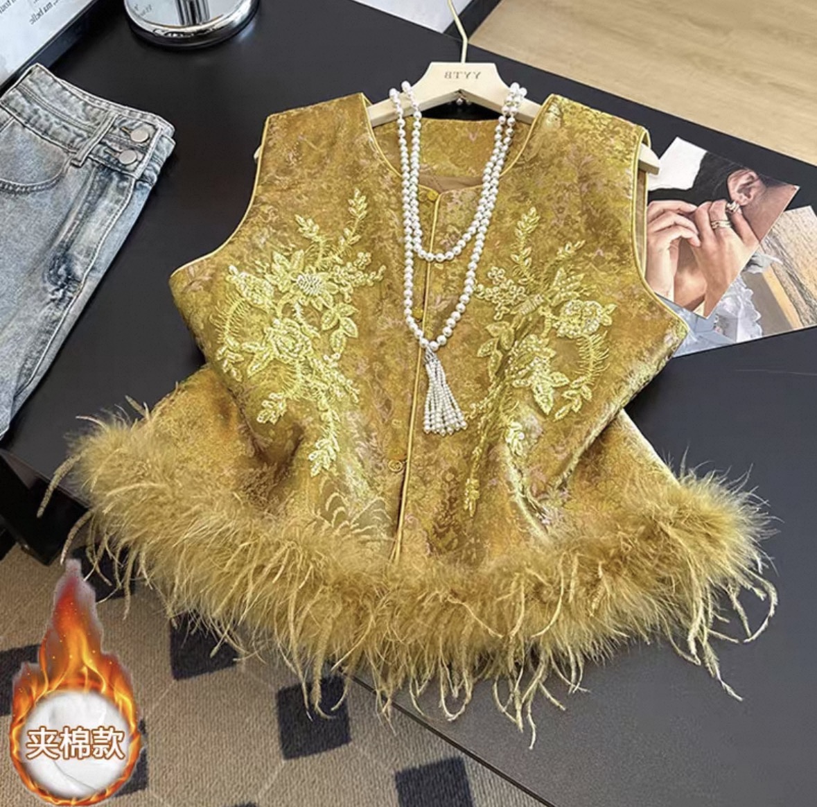 【加棉加厚➕毛毛可拆卸】新中式重工刺绣拼接鸵鸟毛马甲秋冬马夹