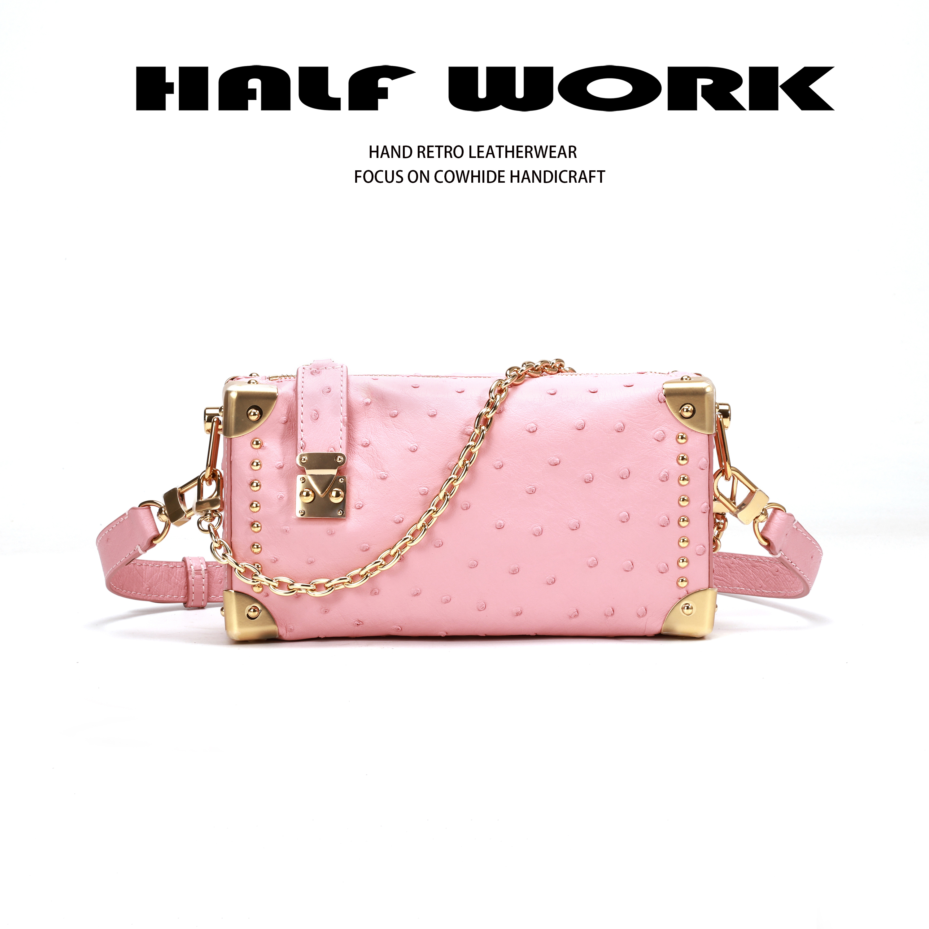 HALF WORK/伴工稀有鸵鸟皮高奢限量链条箱子包KB-3119