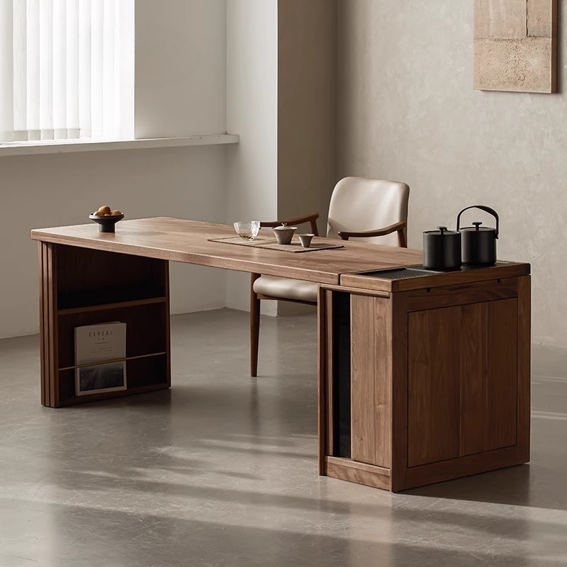 “四时茶桌”北美黑胡桃木茶桌办公桌家用小户型泡茶台书桌一体两用