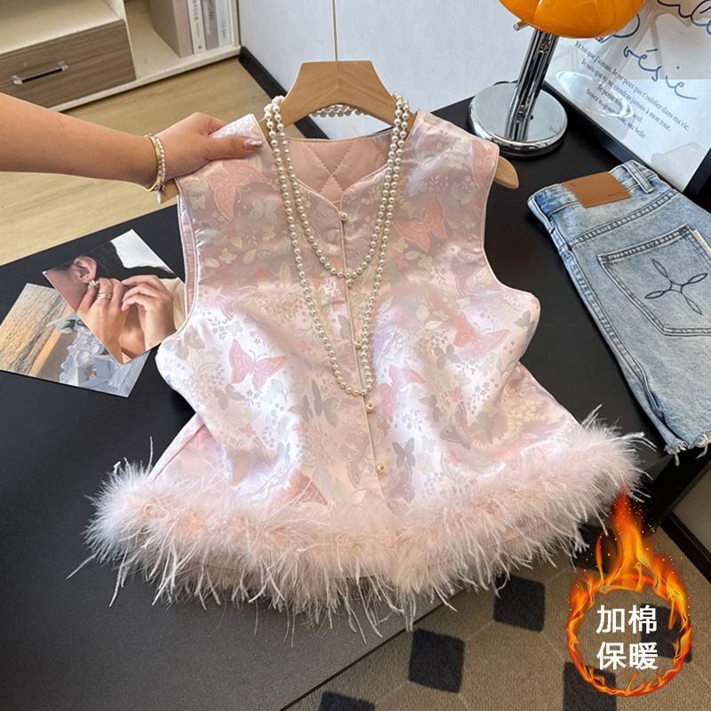 新中式国风宋锦夹棉提花马甲高端毛毛粉色坎肩马夹无袖上衣女冬
