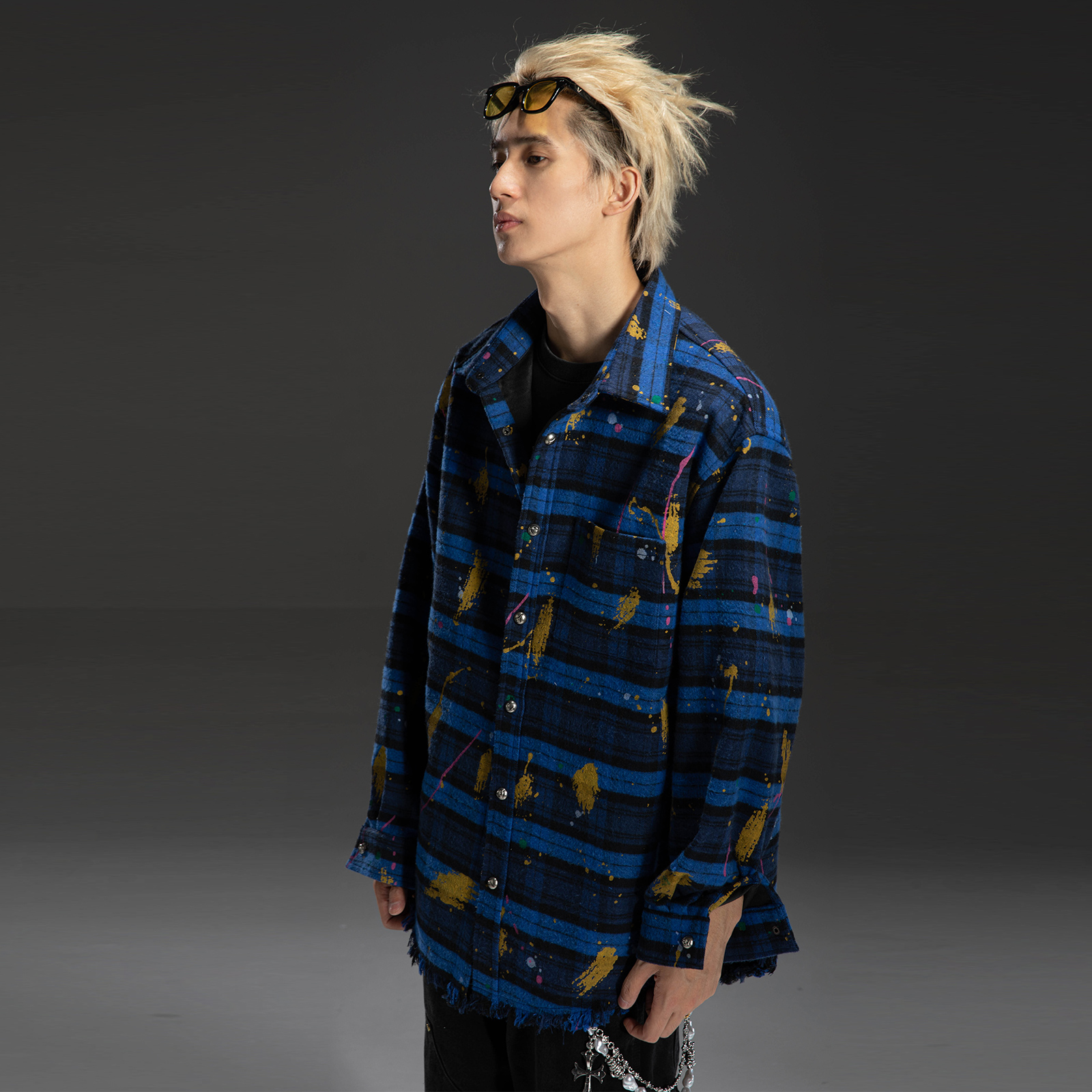 聪明陈【手绘涂鸦格子】春季新款开衫男女同款创意撞色衬衫80286