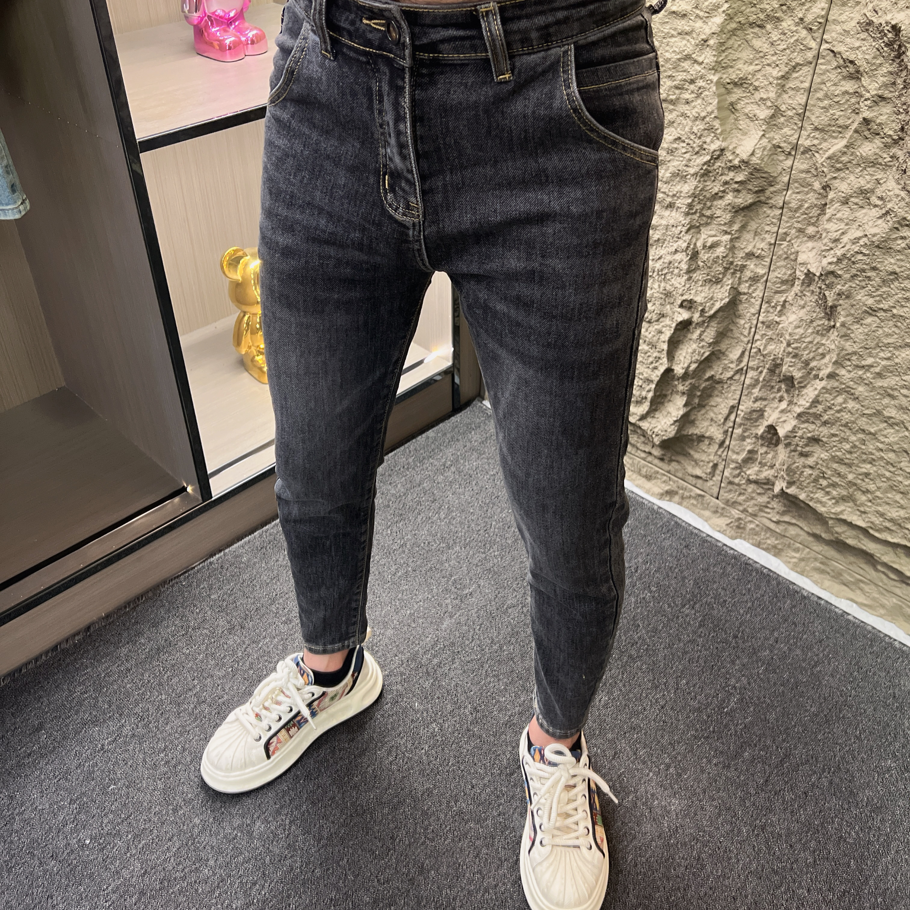 早秋九分裤牛仔修身小脚裤男士侧口袋黑灰色时尚百搭牛仔裤-G21#