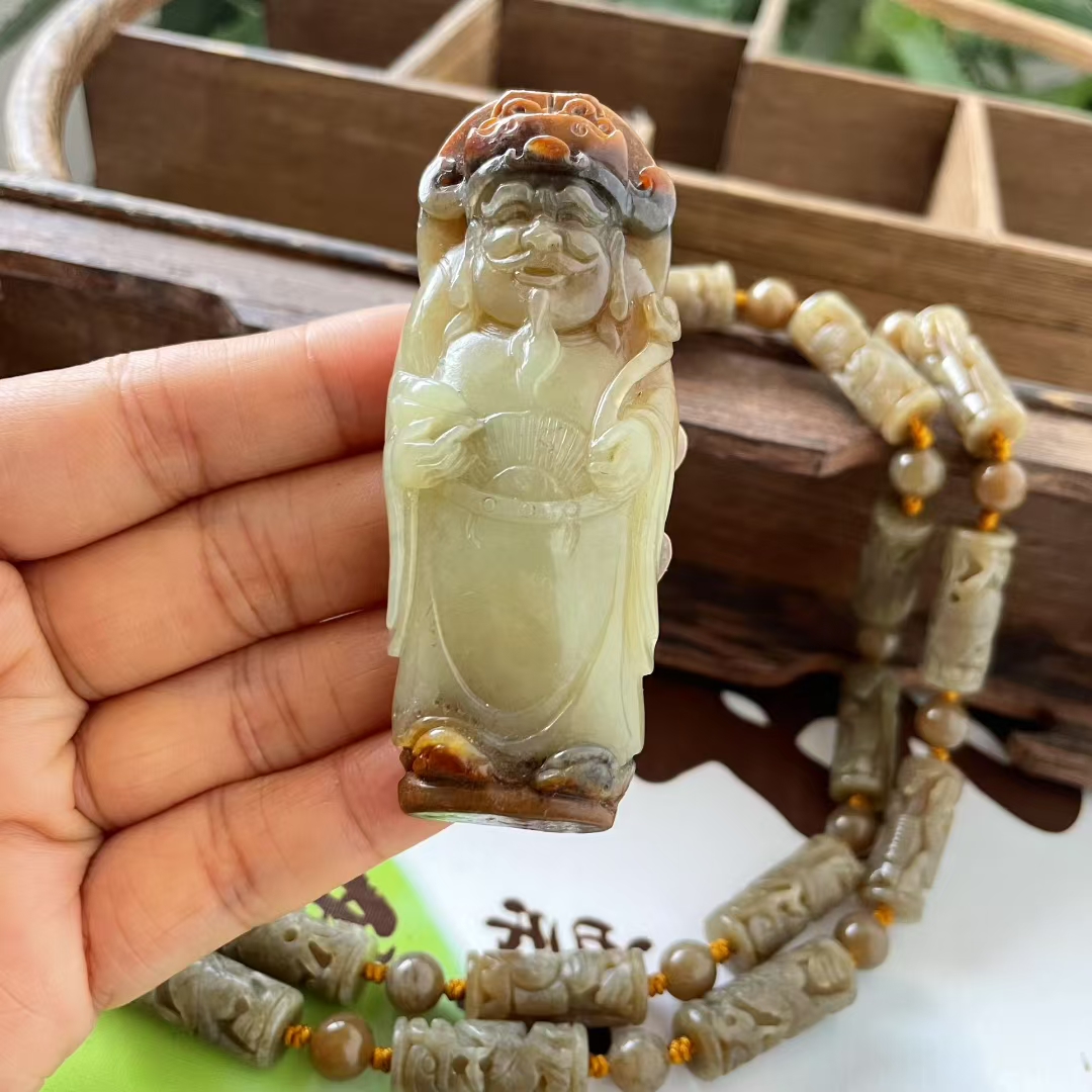 河磨玉立体财神挂件吊坠项链天然玉石手工雕刻