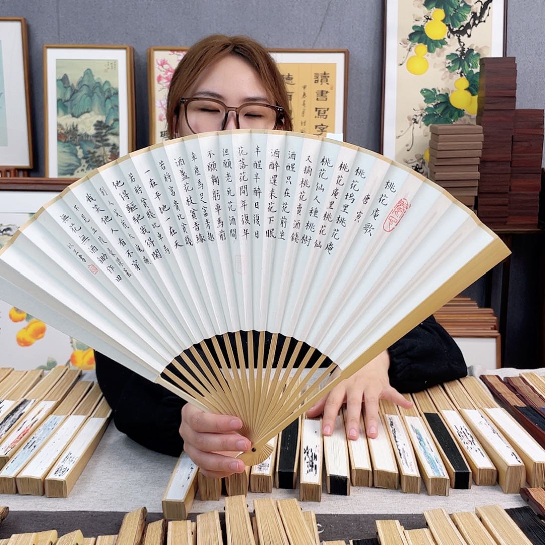 国画95寸玉竹-纯手绘-文玩扇骨（默认粘好）桃花庵歌