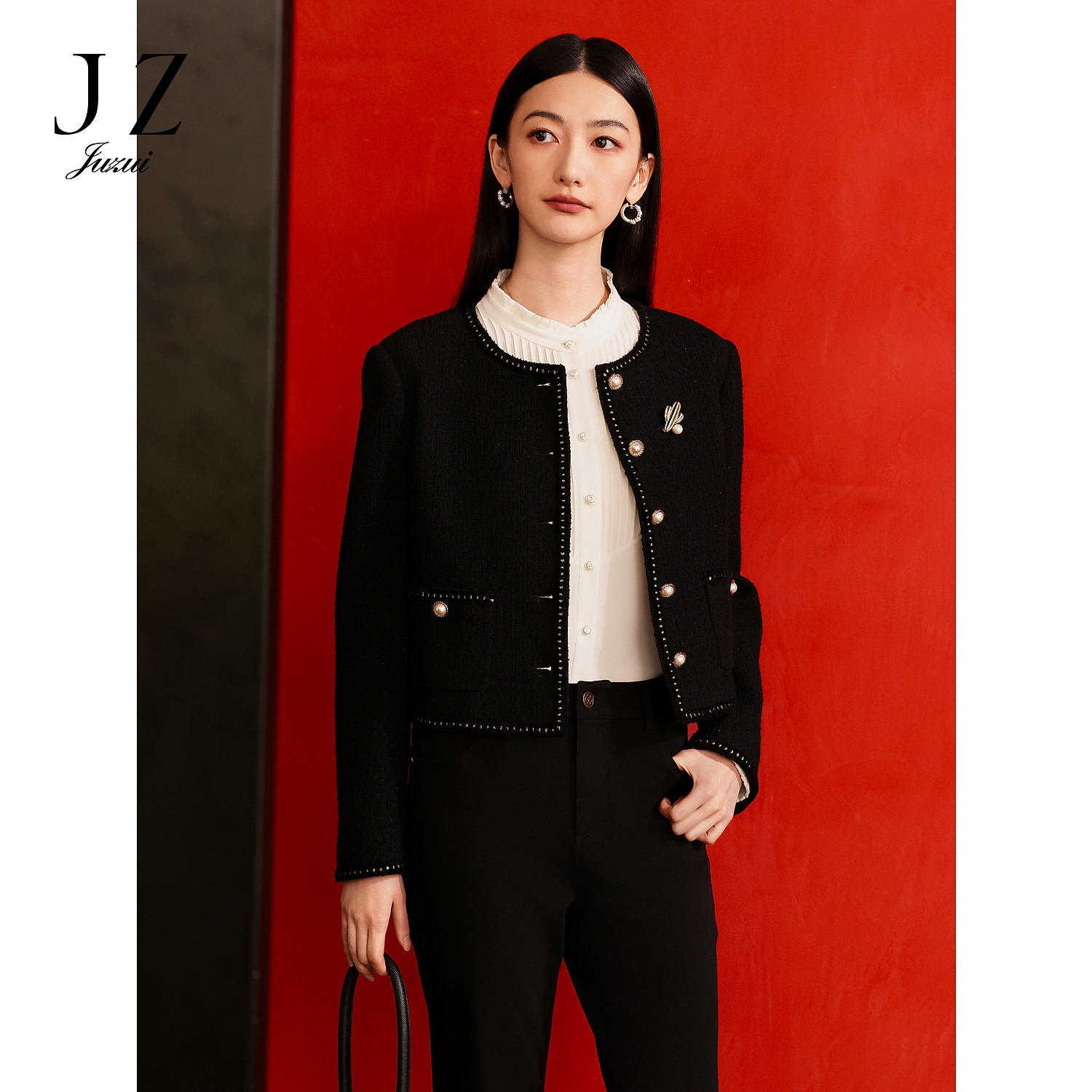 商场同款JZ玖姿外套复古摩登羊毛花纱女装秋季新款JWEQ40519