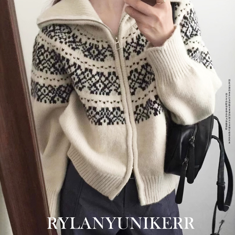 RYLAN复古慵懒风翻领费尔岛提花宽松针织衫毛衣外套