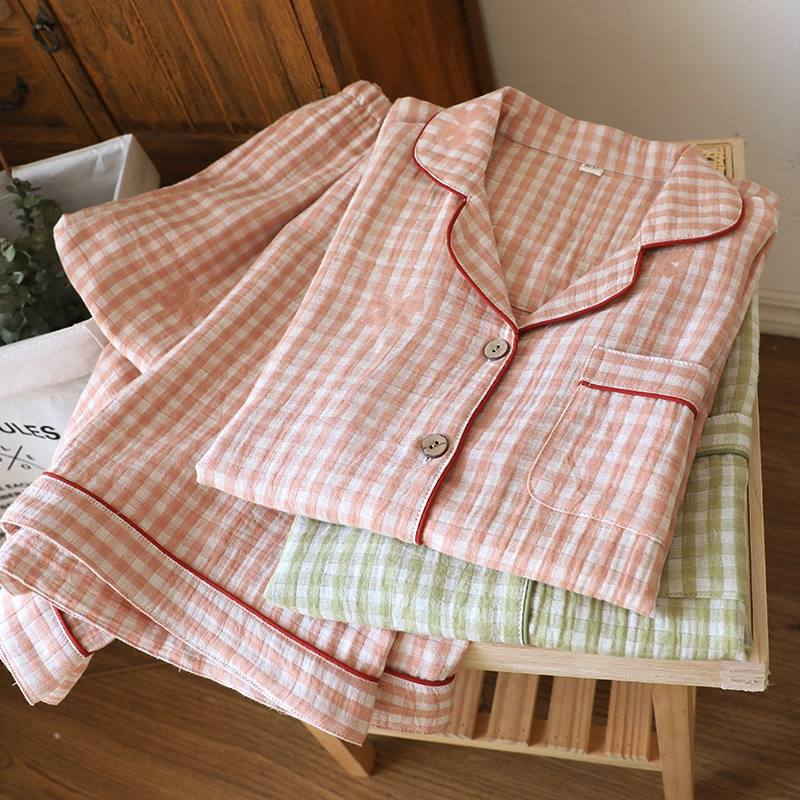 【粉格·绿格】女士纯棉睡衣套装色织提花双层纱秋冬四季家居服格子