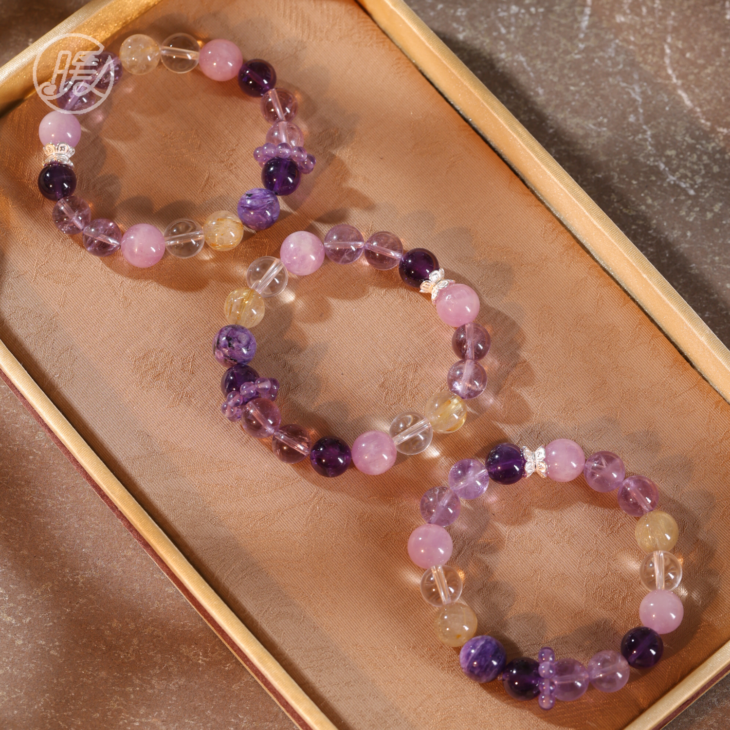 单圈紫水晶多宝手串搭配跑环并蒂莲手链F5008多样性发一