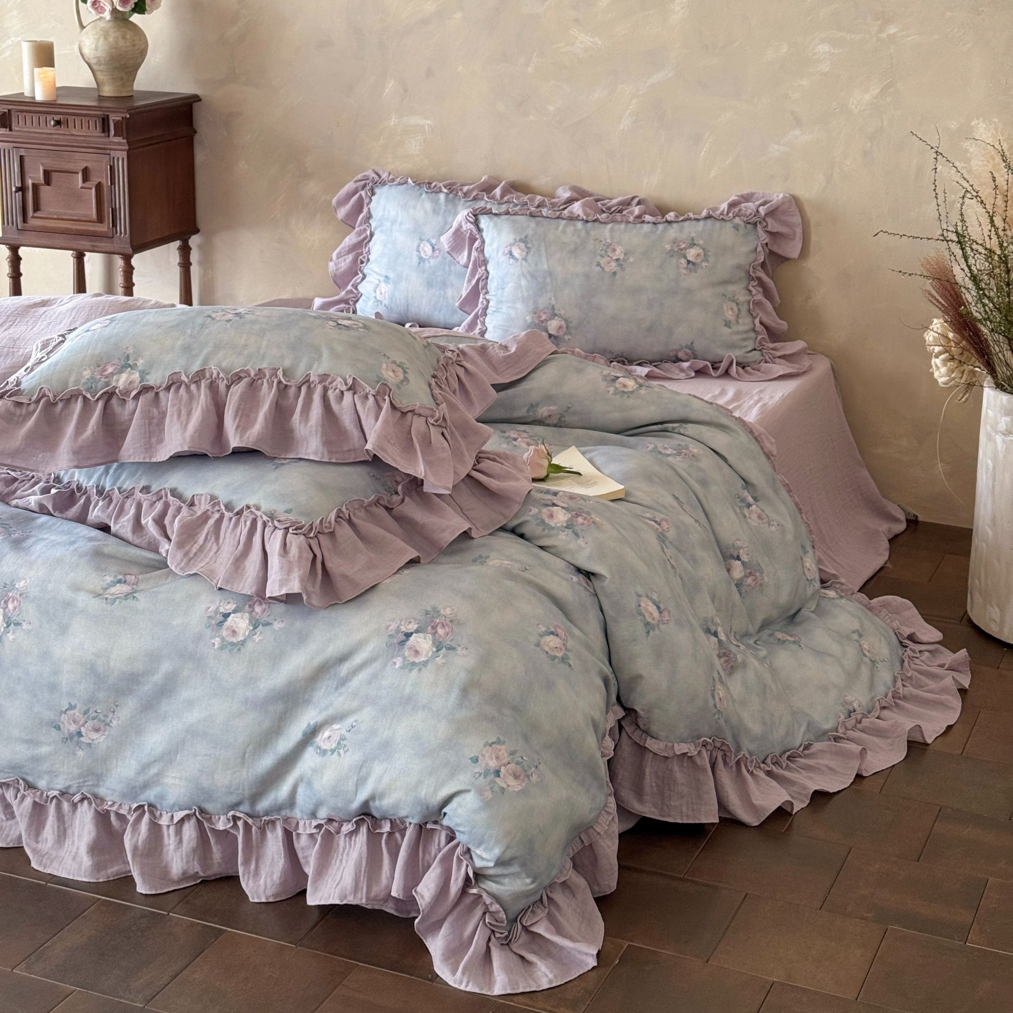 梅边【汀兰花溪】法式小清新印花花边款柔软全棉高档双层纱四件套