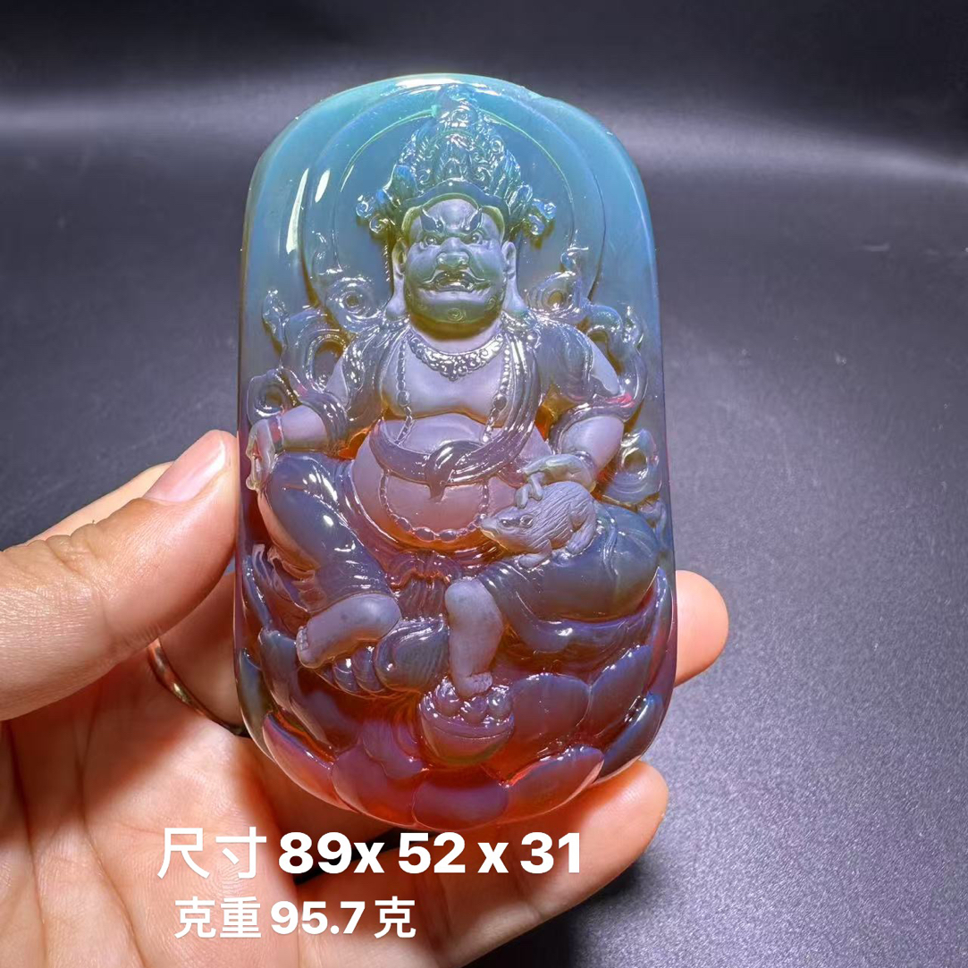 缅甸天然琥珀大师工双色珀方牌黄财神挂件吊坠