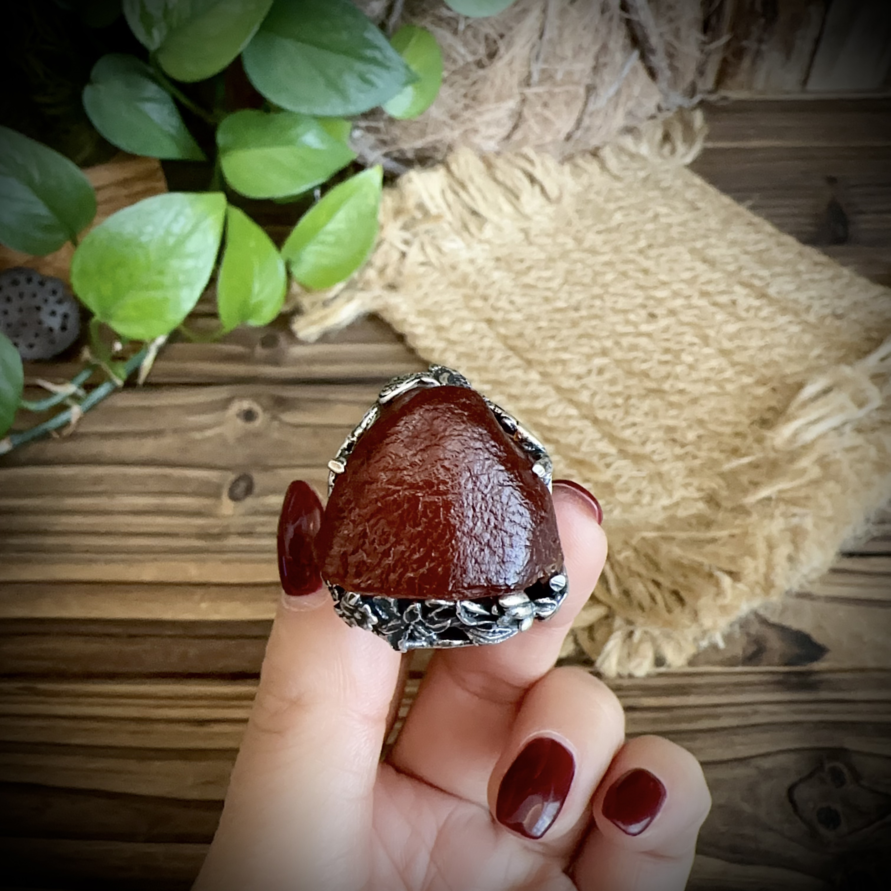 【古香古色】复古s925银蜜蜡琥珀戒指（开口可调节）