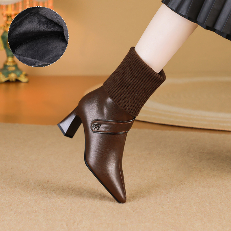 【品质】袜靴/牛皮/34-42/8930R秋冬新款短靴针织毛线加绒真皮女靴