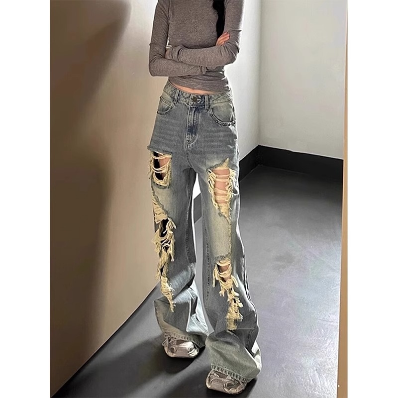 美式街头破洞牛仔裤女春夏新款高腰宽松阔腿显瘦百搭直筒拖地裤子