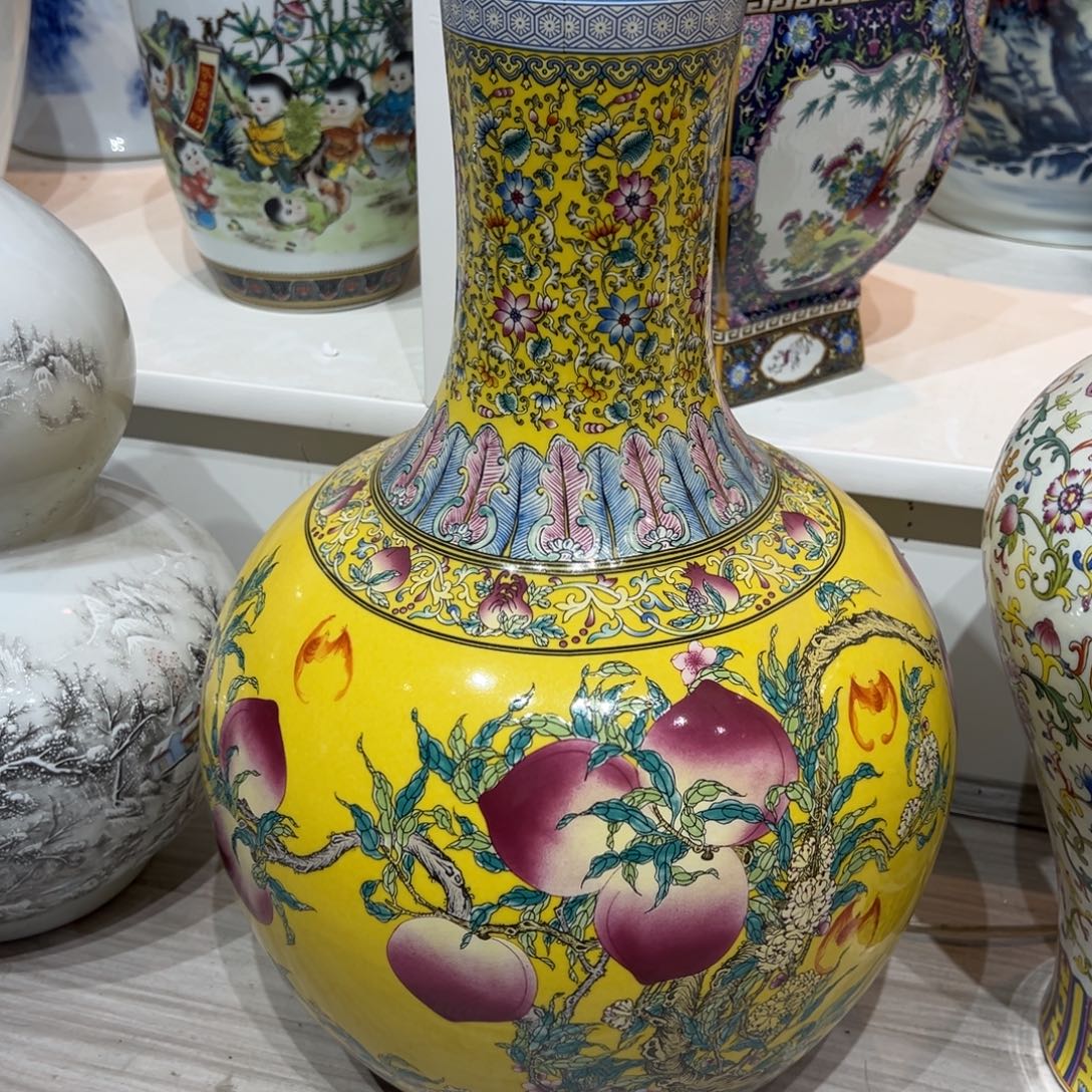 陶摆件40cm黄色九桃五福天球瓶