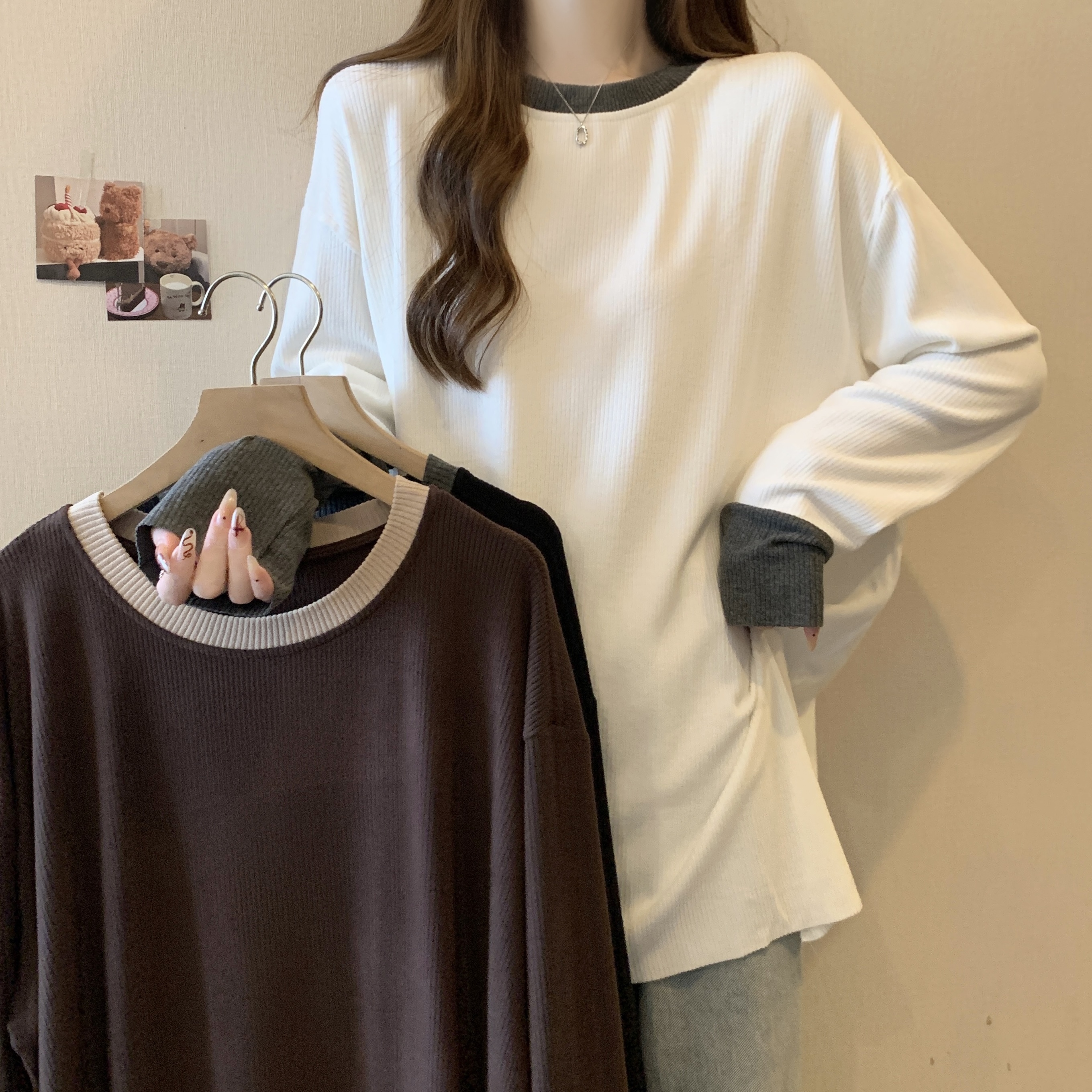 哺乳服外出衣胖MM大码辣妈圆领拼接撞色坑条长袖T恤宽松显瘦上衣