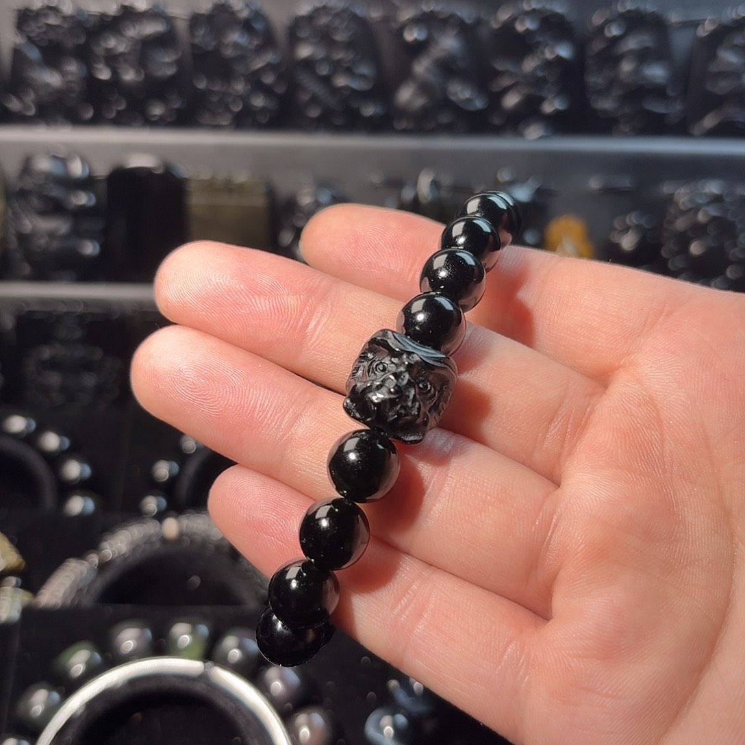 黑曜岩未镶嵌手链黑曜石10m加黑曜石醒狮头