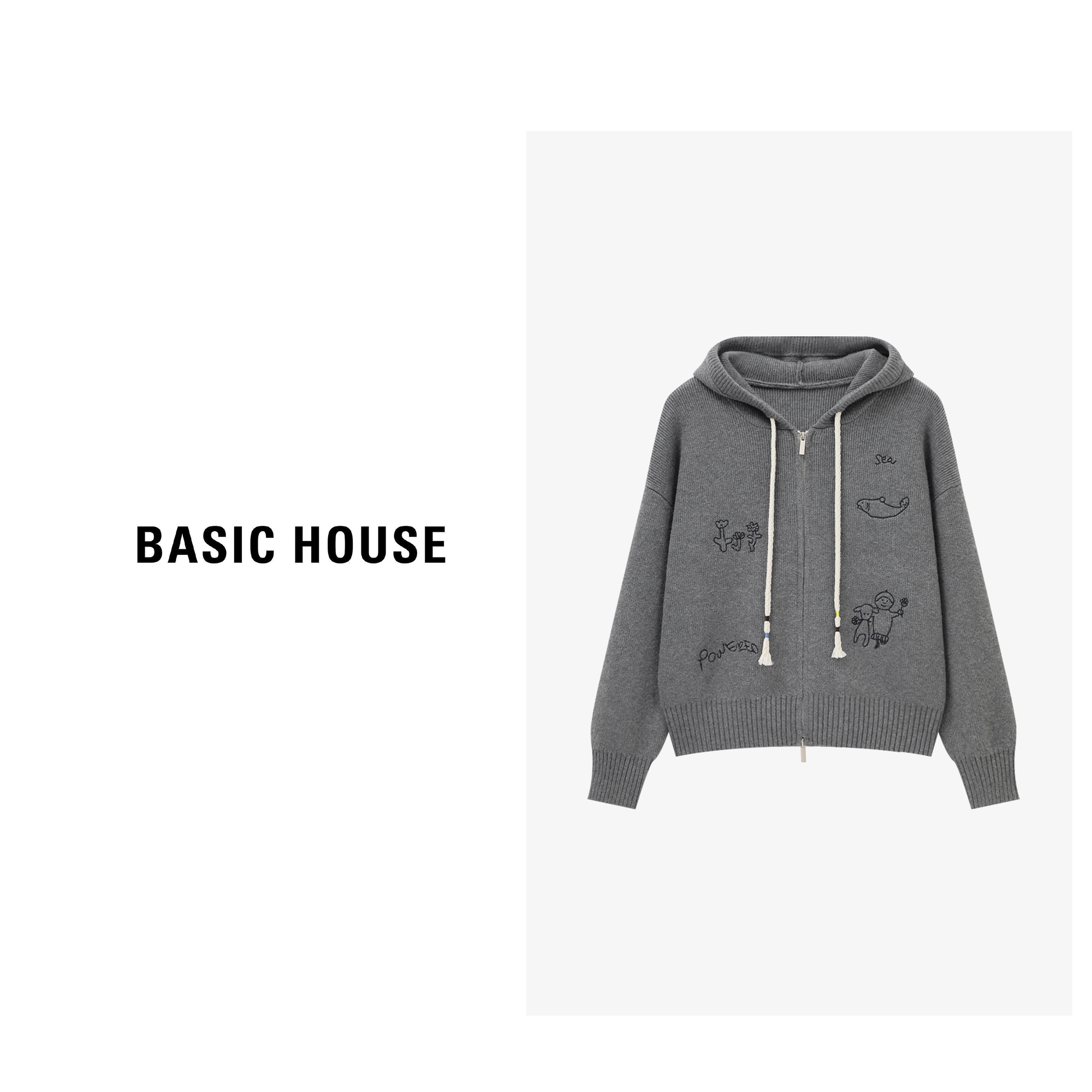 Basic House/百家好趣味卡通刺绣连帽双拉链开衫毛衣-B0625B5NSQ2