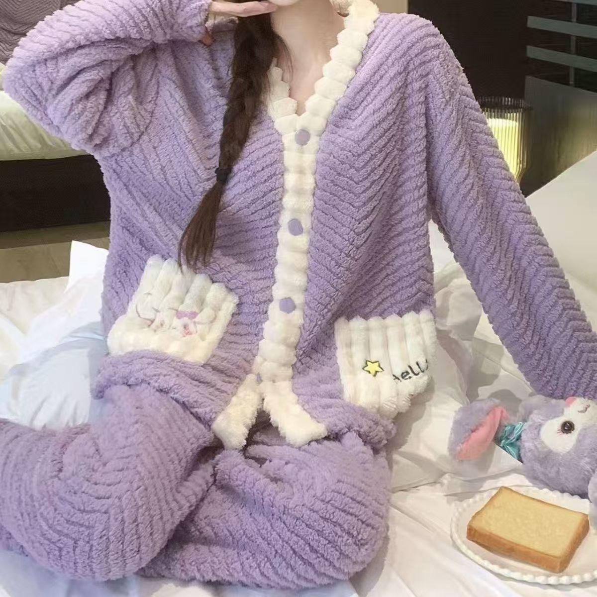 {安鑫}秋冬季天2025年新款加绒加厚女士睡衣珊瑚绒家居服套装