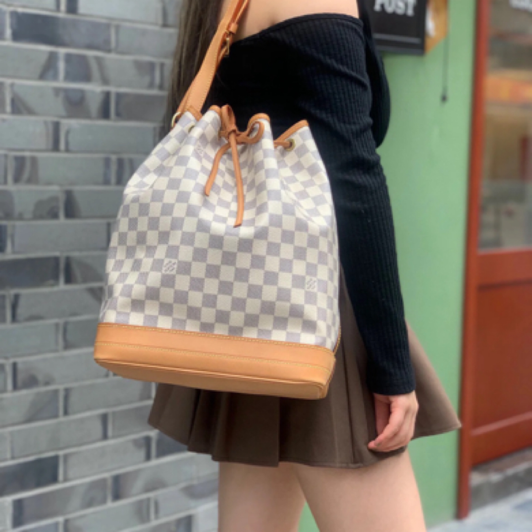 95新 LouisVuitton/路易威登 lv白棋盘格抽绳水桶972316