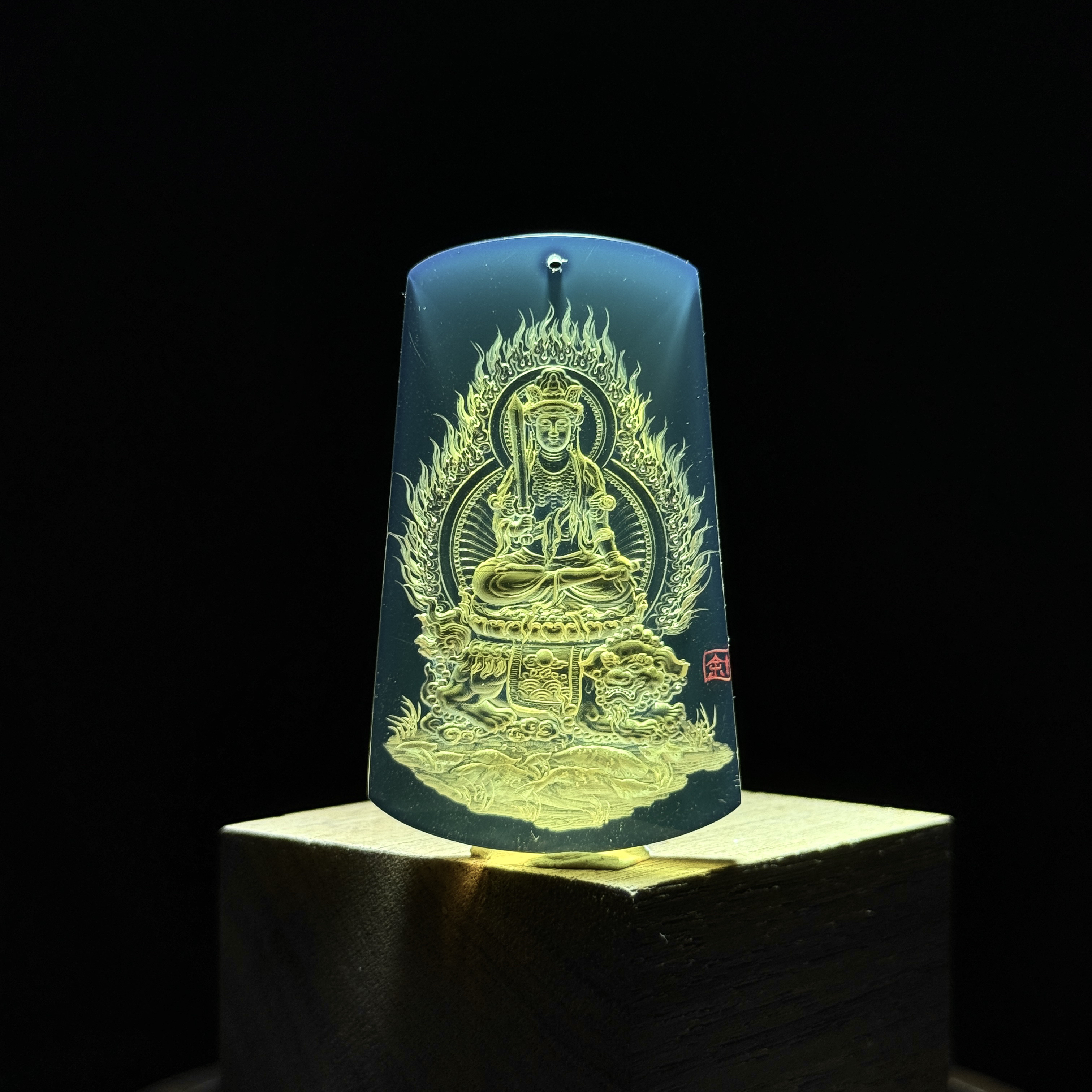 蓝珀文殊菩萨属兔生肖守护本命佛阴雕大师工手工雕刻吊坠挂坠