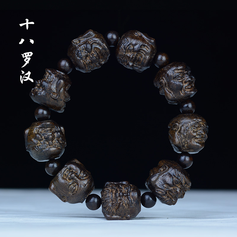 A130皮灰木黑檀雕刻手串十八罗汉珠个性木质手串文玩佛珠念珠单圈