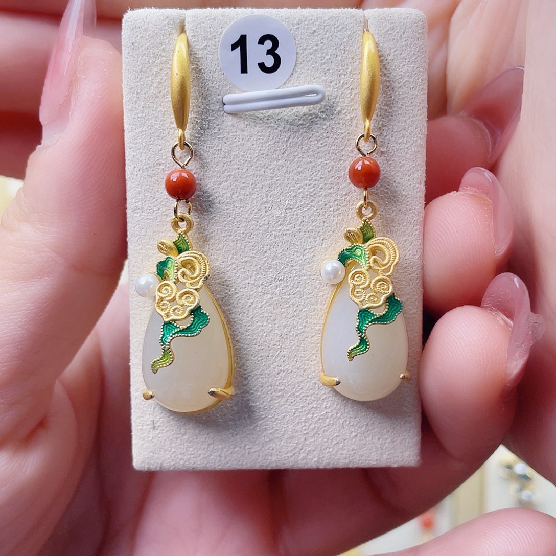 和田玉银S925镀金镶嵌耳饰