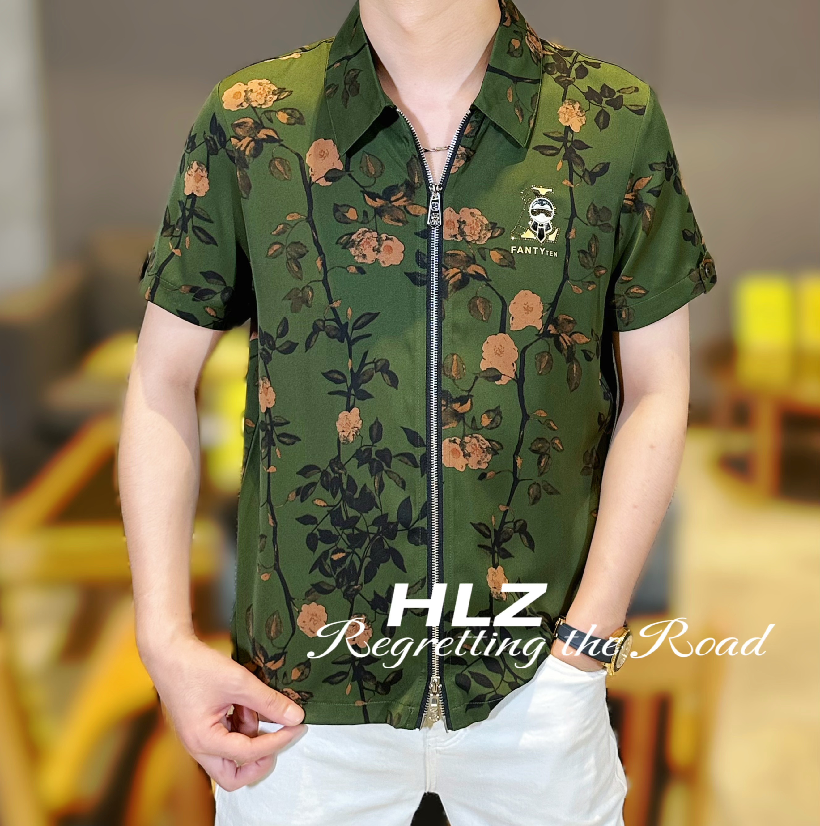 2025夏季新款男士休闲时尚小佛爷满身梅花图案双拉链翻领短袖衬衫