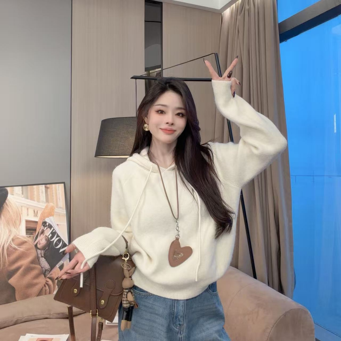 【静静衣橱】针织衫秋冬针织连帽常规纯色帽衫短款毛针织衫6700