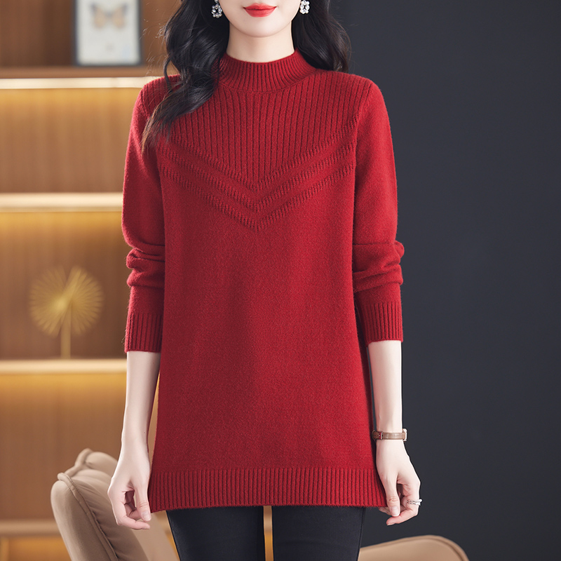 半高领中长款纯色毛衣女秋冬内搭本命年针织红色上衣宽松大码显瘦