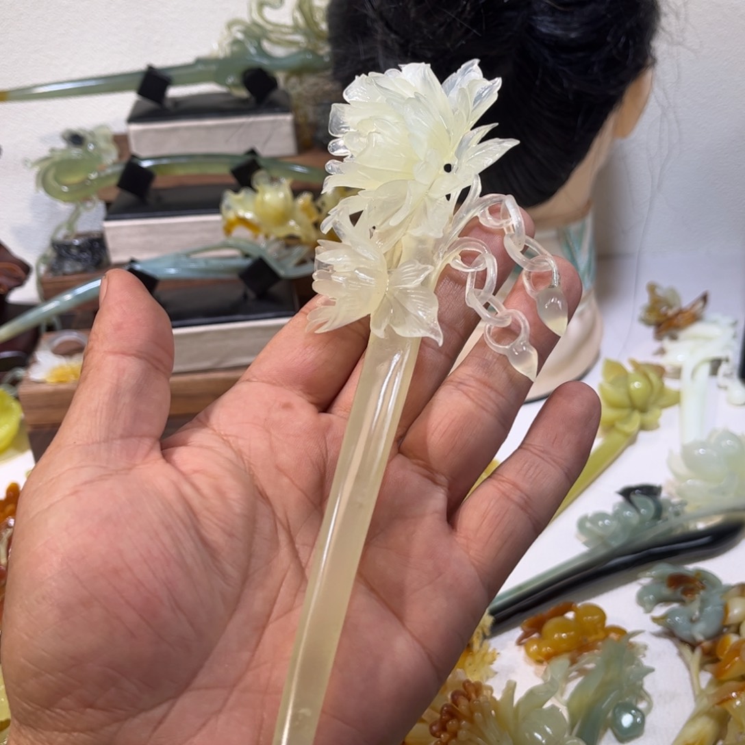 蛇纹石玉发簪合金肉***丫