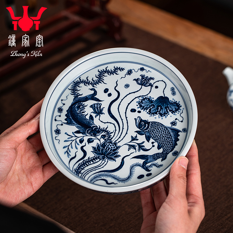 钟家窑陶瓷壶承景德镇柴窑青花手绘鱼藻纹圆形茶盘功夫茶配件壶承