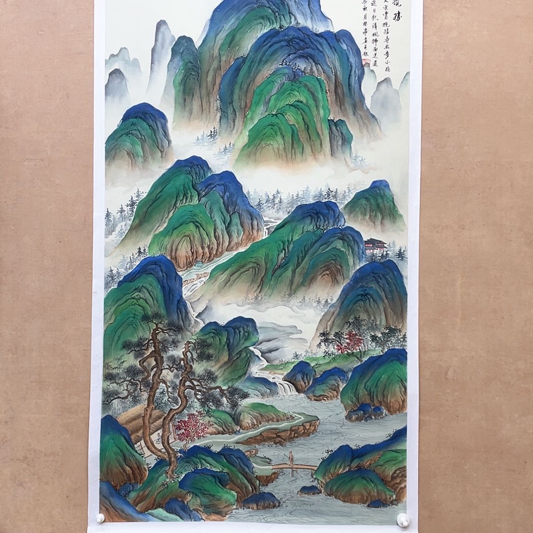 国画手绘国画，青绿山水，绢本，放漏价