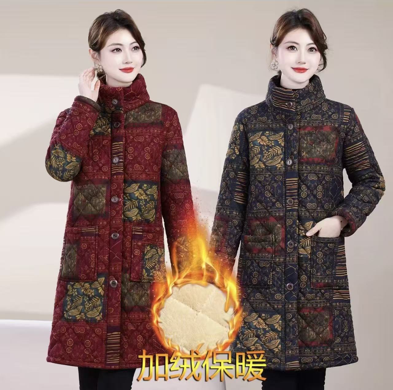 妈妈装冬季棉衣加绒加厚保暖棉服中长款立领棉袄宽松洋气外套新款