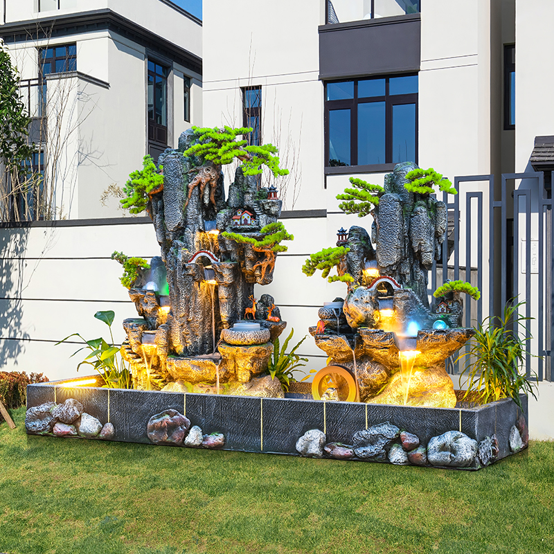 大型户外循环流水假山鱼池景观装饰酒店庭院花园室内造景水轮摆件