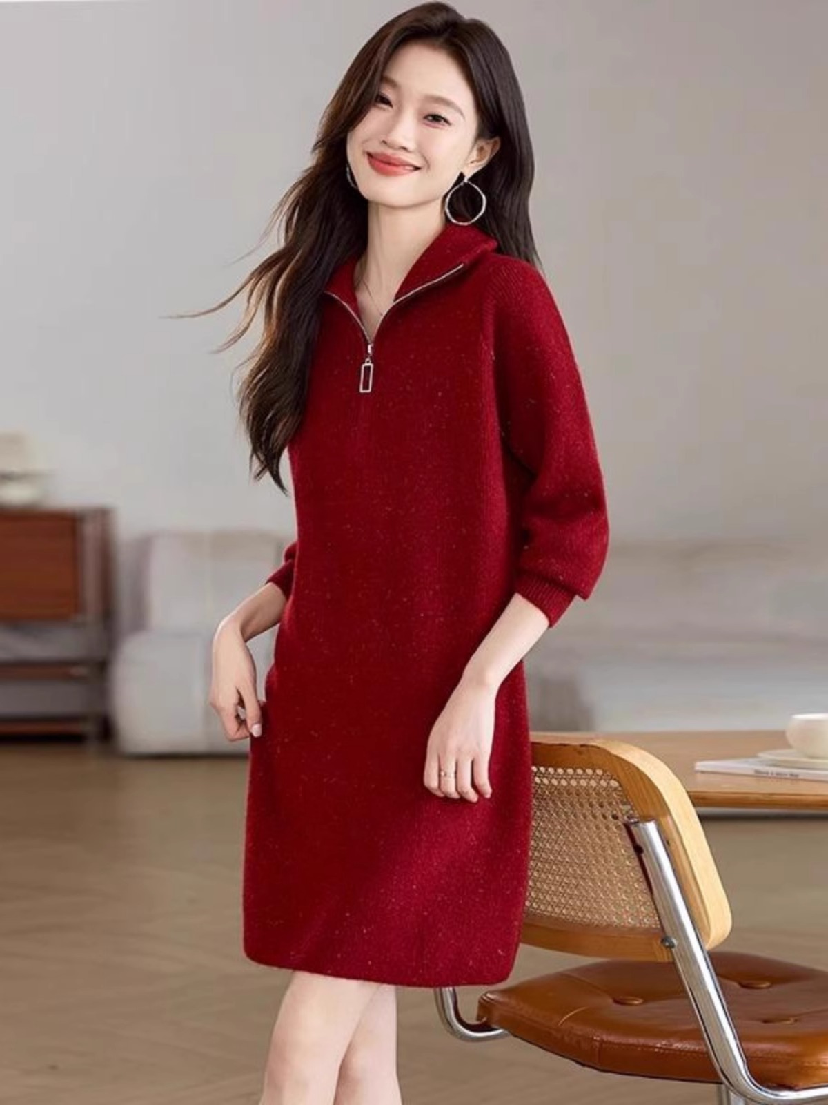 大码秋冬中长款毛衣裙半拉链洋气内搭休闲卫衣针织连衣裙女遮屁股