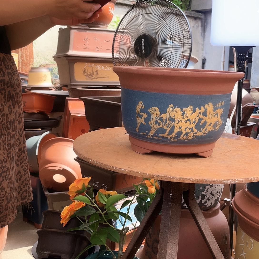 21蓝色八骏图花盆紫砂花盆紫砂花盆