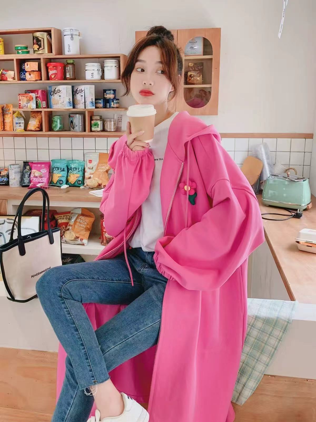 粉色连帽长袖长款卫衣女修身蝙蝠袖开衫外套甜美慵懒风潮