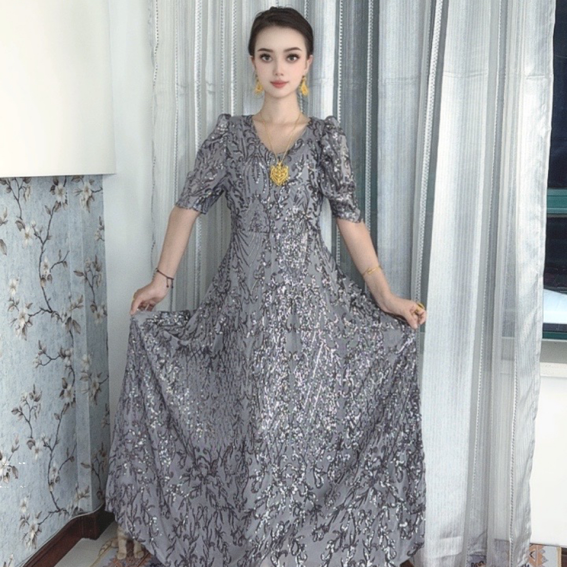 【新疆包邮】新款法式复古气质显瘦显高五分袖花色大摆连衣裙